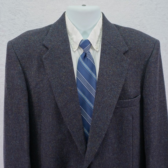 WFF Farah Tweed Sport Coat Blue Green Brown Basket Weave Leather Button 42R